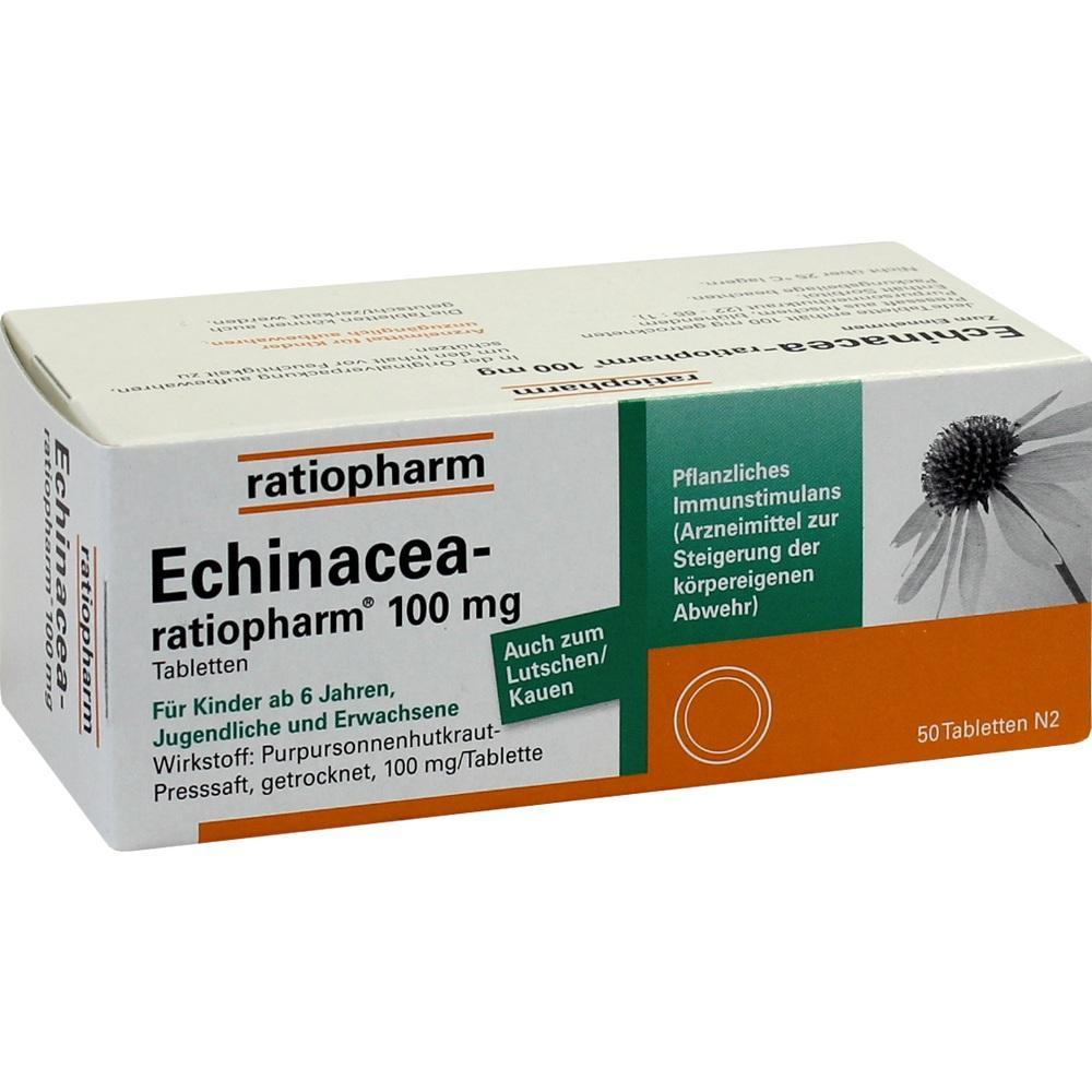Schachtel mit 50 Echinacea-Tabletten von ratiopharm zur St&auml;rkung des Immunsystems.