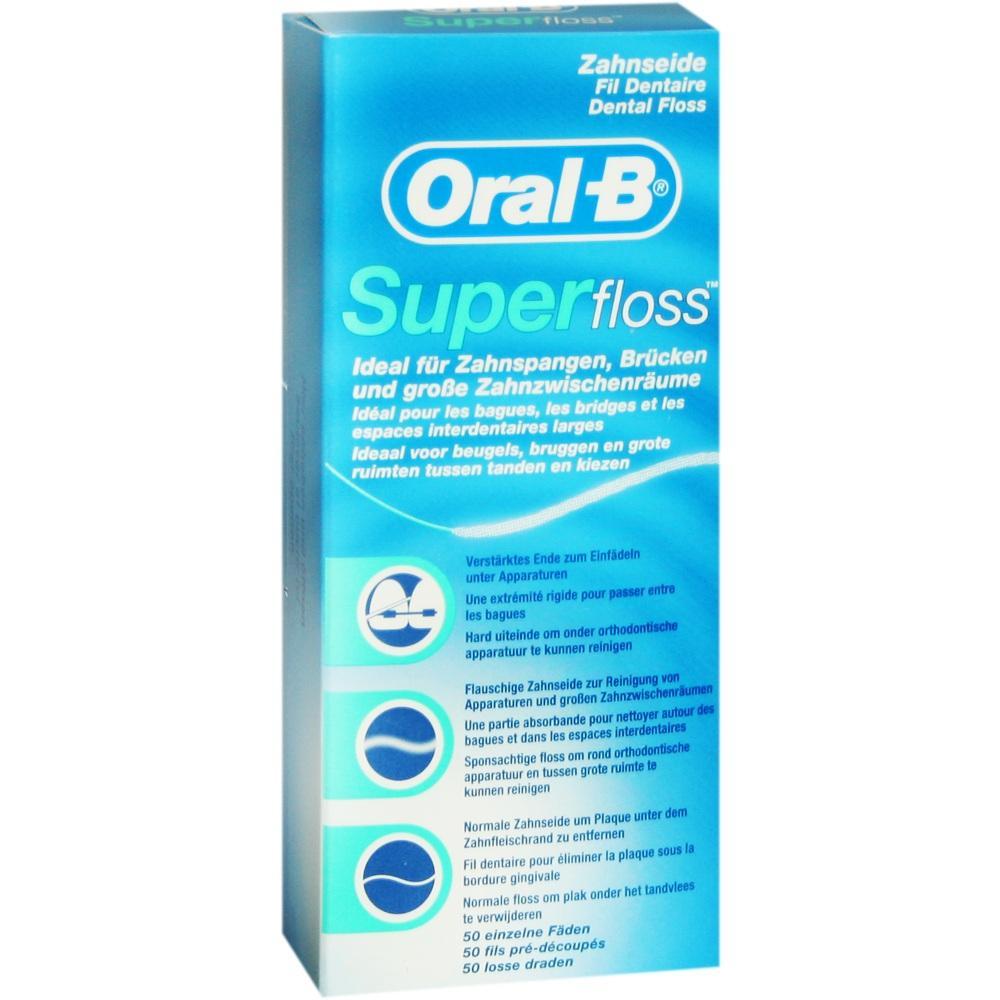 Eine Packung Oral-B Superfloss Zahnseide f&uuml;r Zahnspangen und Br&uuml;cken.