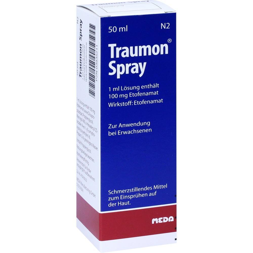 Blaue Verpackung von Schmerzspray f&uuml;r Erwachsene mit dem Namen "Traumon Spray".