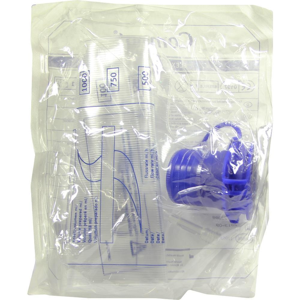 Transparenter Beutel mit Messlinien und blauem Deckel, in Plastik verpackt.