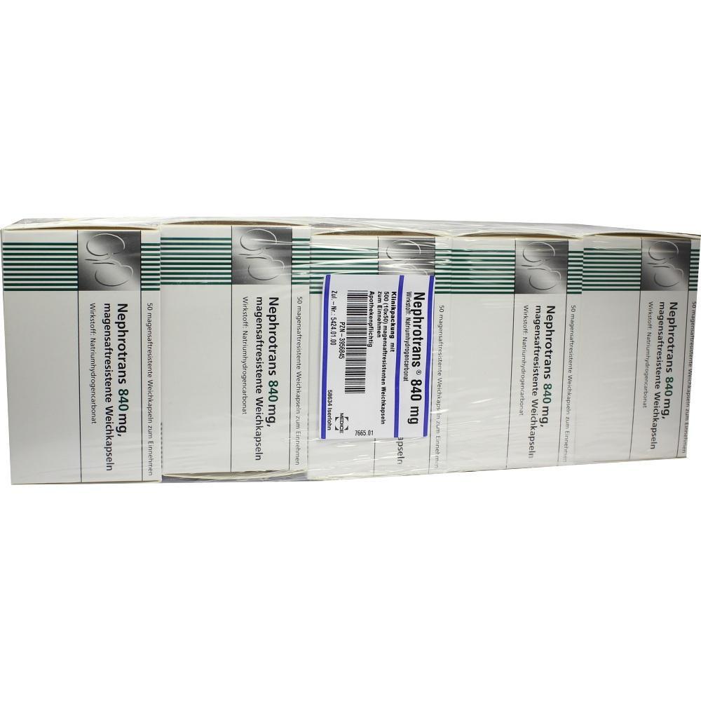 Ein Stapel von Medikamentenverpackungen mit der Aufschrift "Nephrotrans 840 mg".