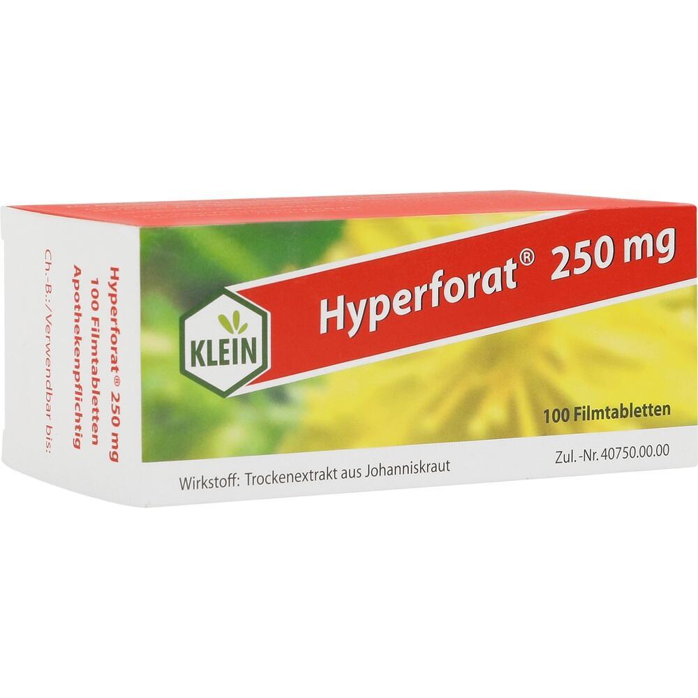 Schachtel einer Johanniskraut-Medizin mit 250 mg Hyperforat, 100 Filmtabletten.