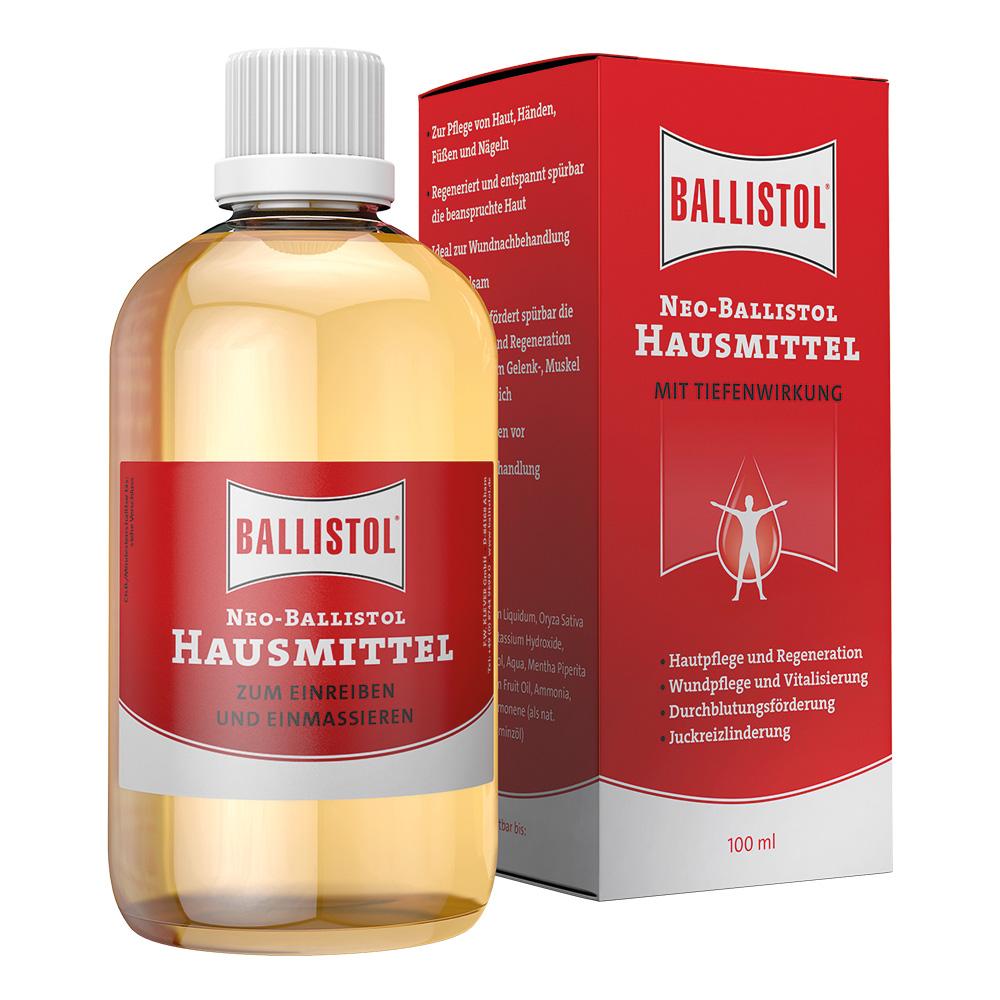 Eine Flasche Ballistol-Hausmittel mit roter Verpackung.
