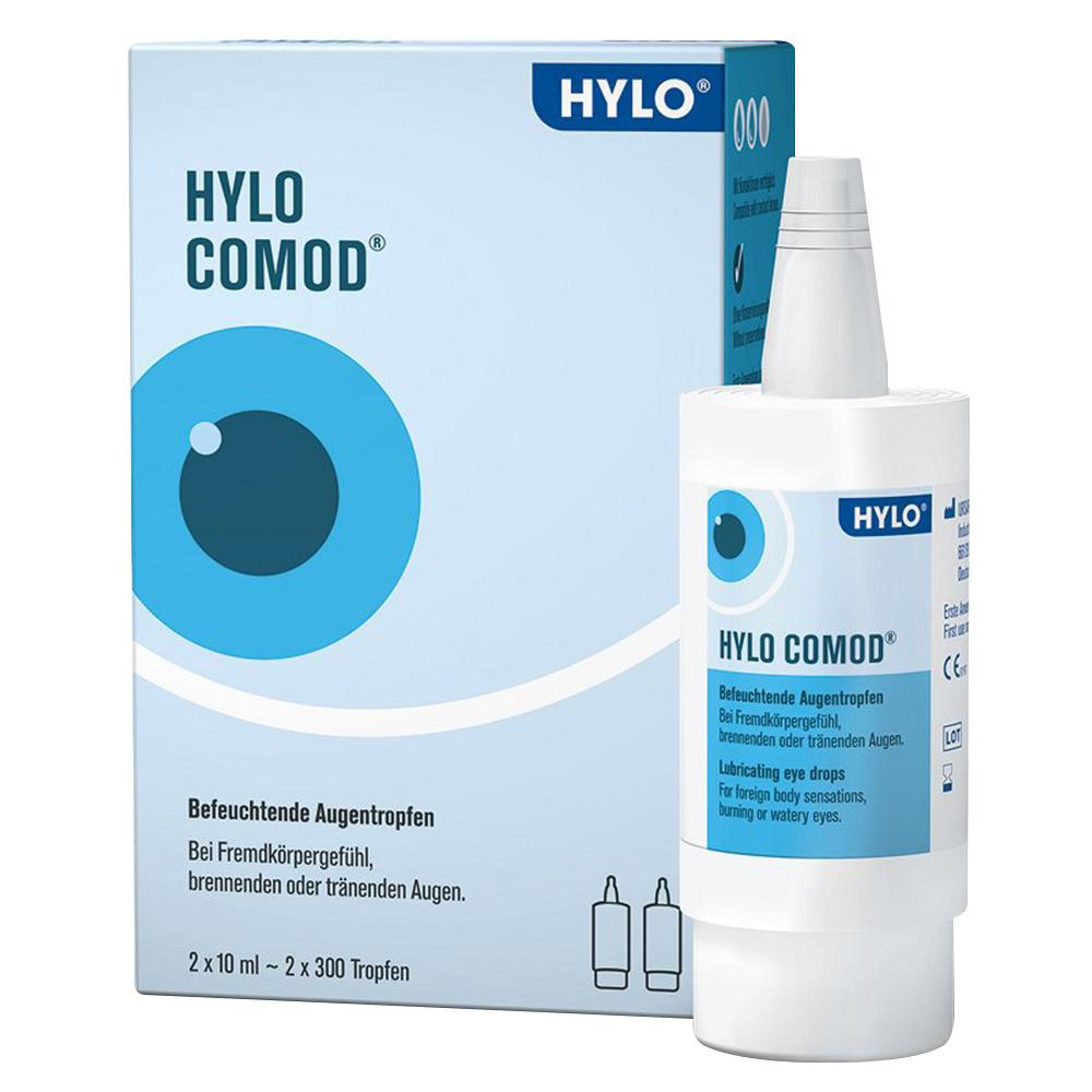 Eine Packung befeuchtender Augentropfen namens Hylo-Comod.