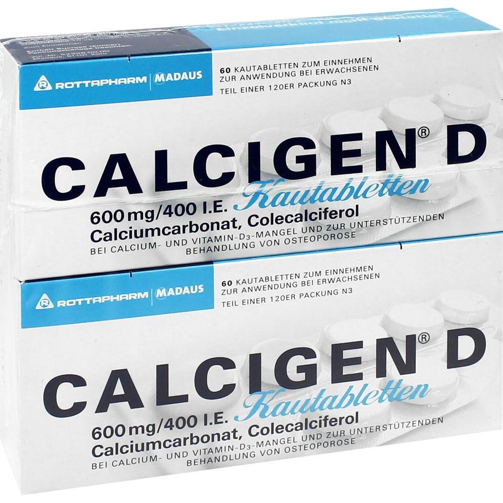 Zwei Packungen Calcigen D Kautabletten mit Calcium und Vitamin D3.