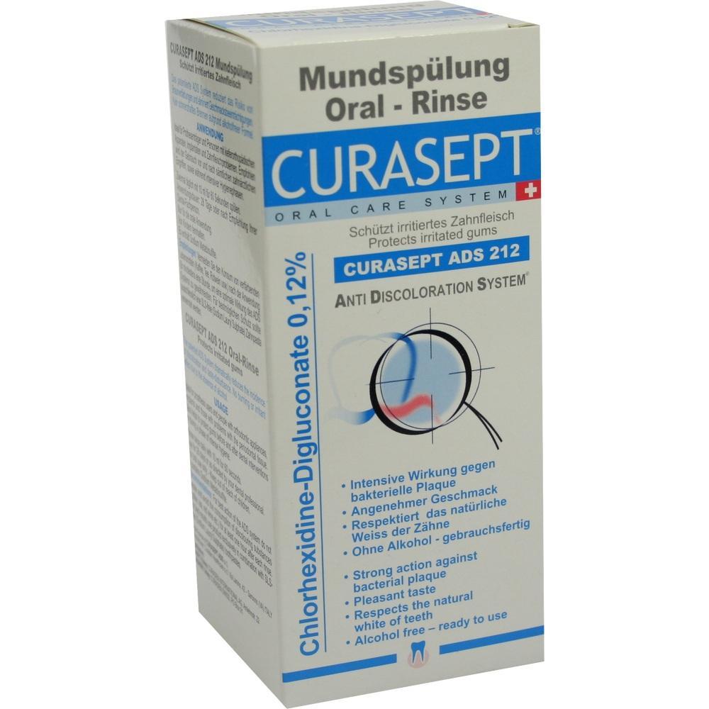Eine Schachtel mit der Aufschrift "Curasept Mundspülung" ohne Alkohol.