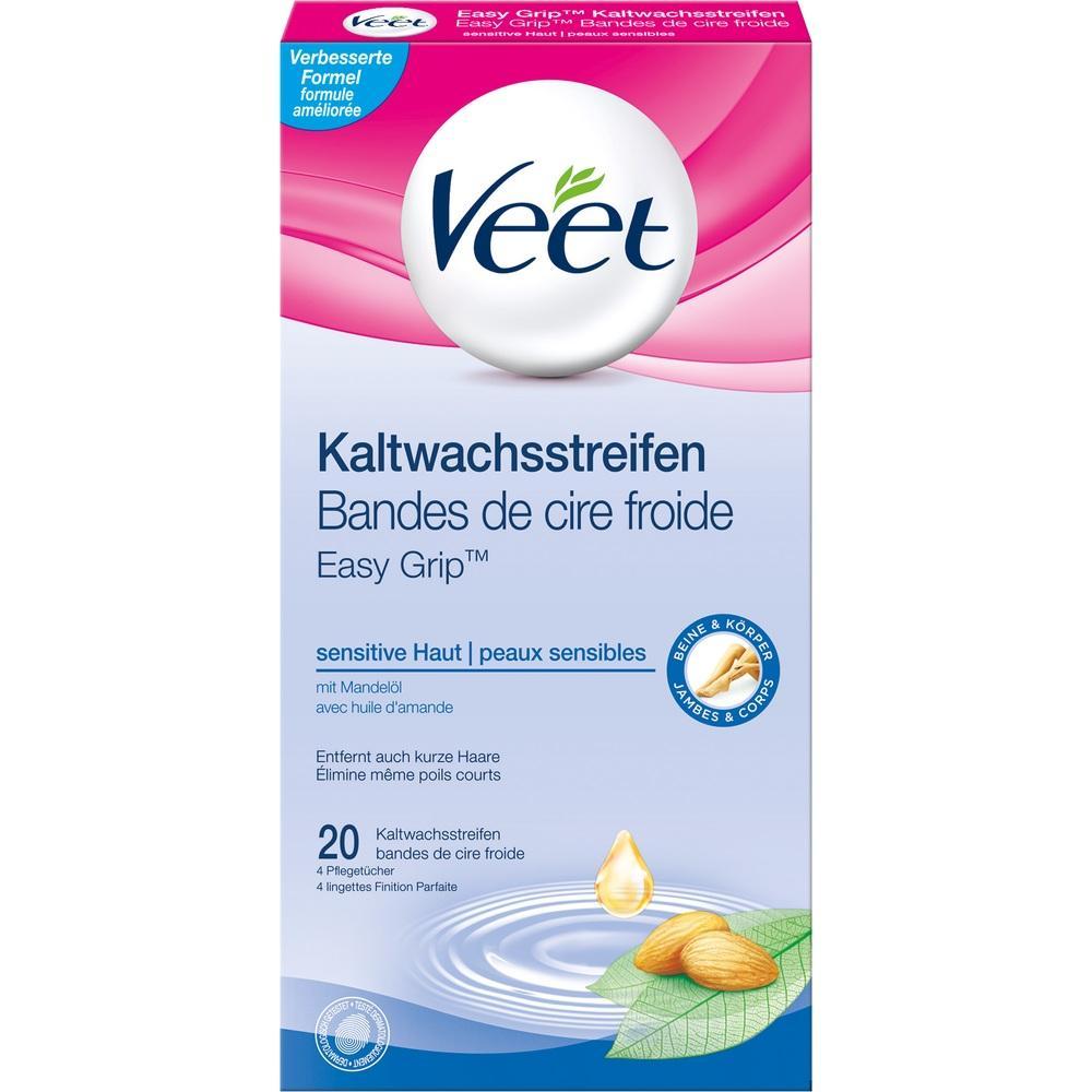 Eine Packung Veet Kaltwachsstreifen f&uuml;r empfindliche Haut mit Mandel&ouml;l.