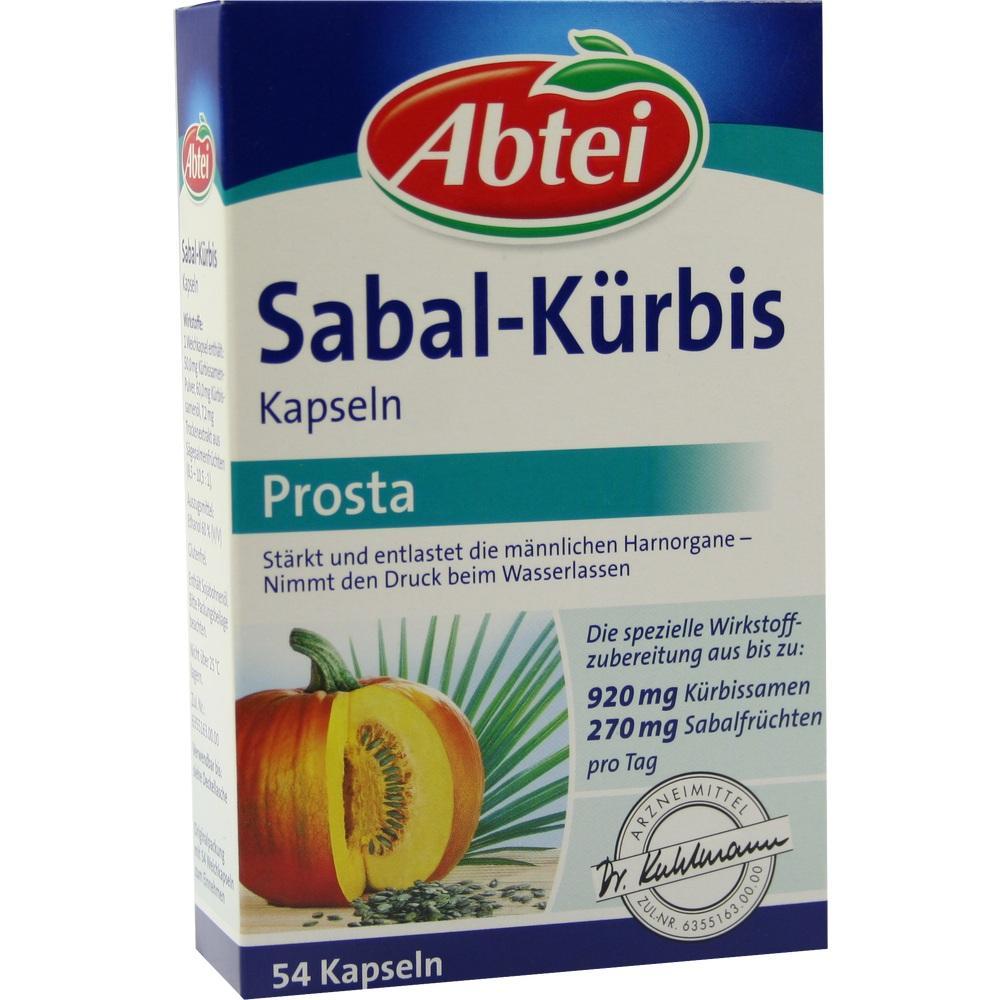Eine Packung Sabal-Kürbis Kapseln von Abtei zur Unterstützung der Blasenfunktion.