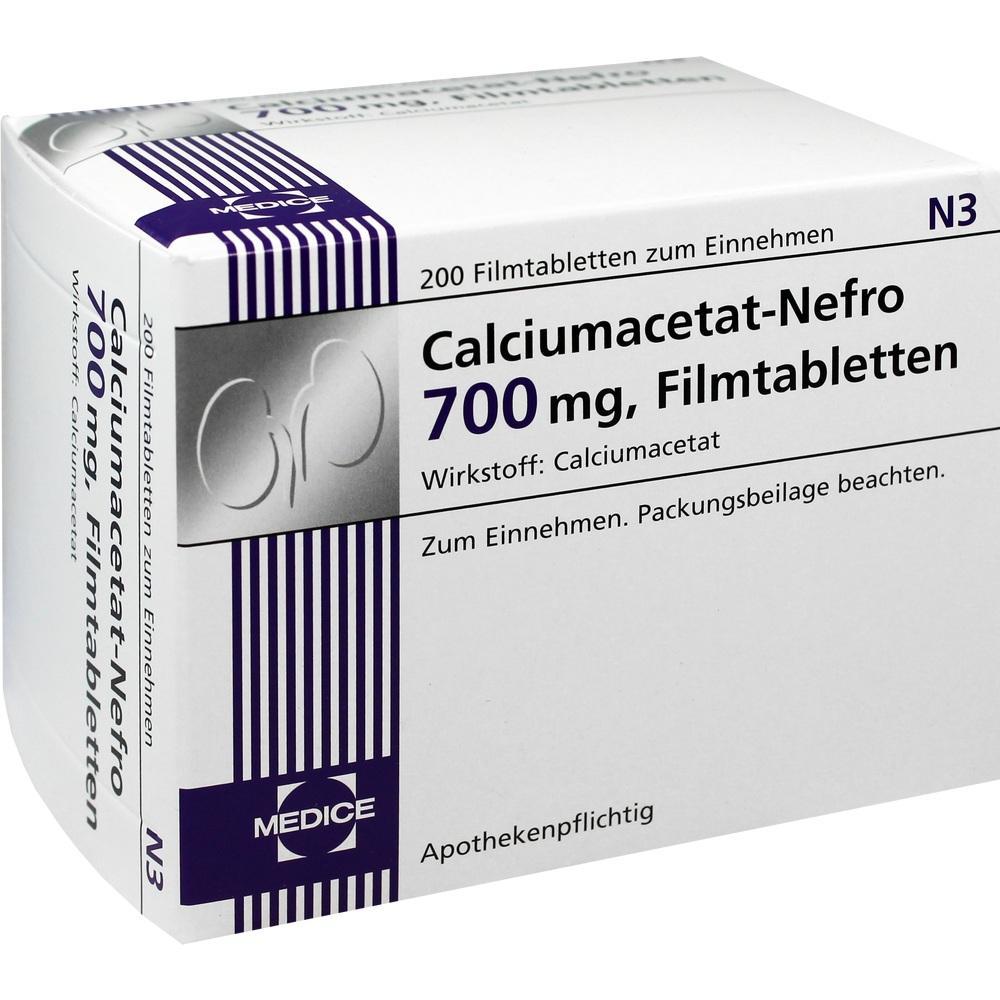 Eine wei&szlig;e Medikamentenschachtel mit der Aufschrift "Calciumacetat-Nefro 700 mg".