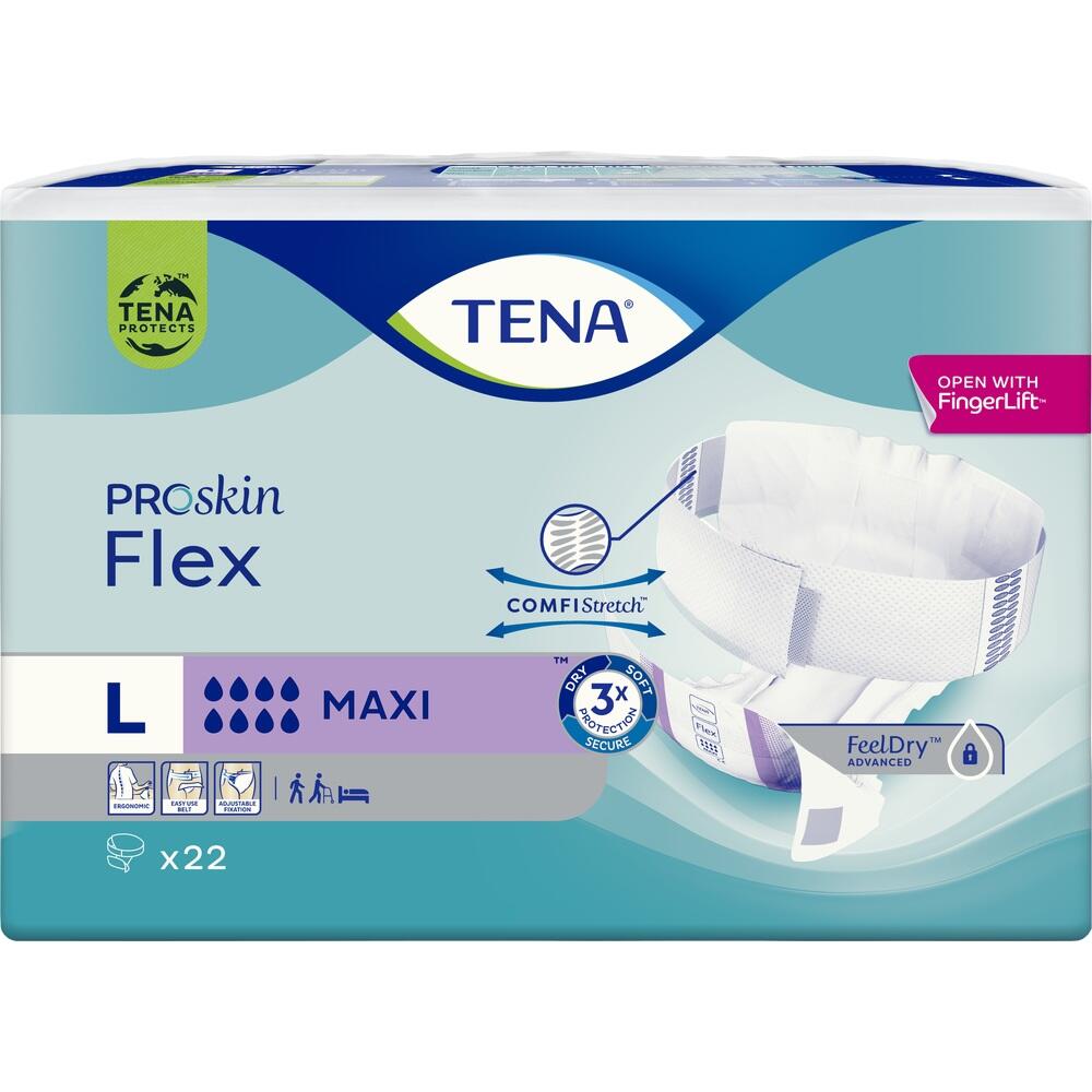 Verpackung von TENA ProSkin Flex Inkontinenz-Hilfsmittel, Gr&ouml;&szlig;e L, mit Produktabbildung.
