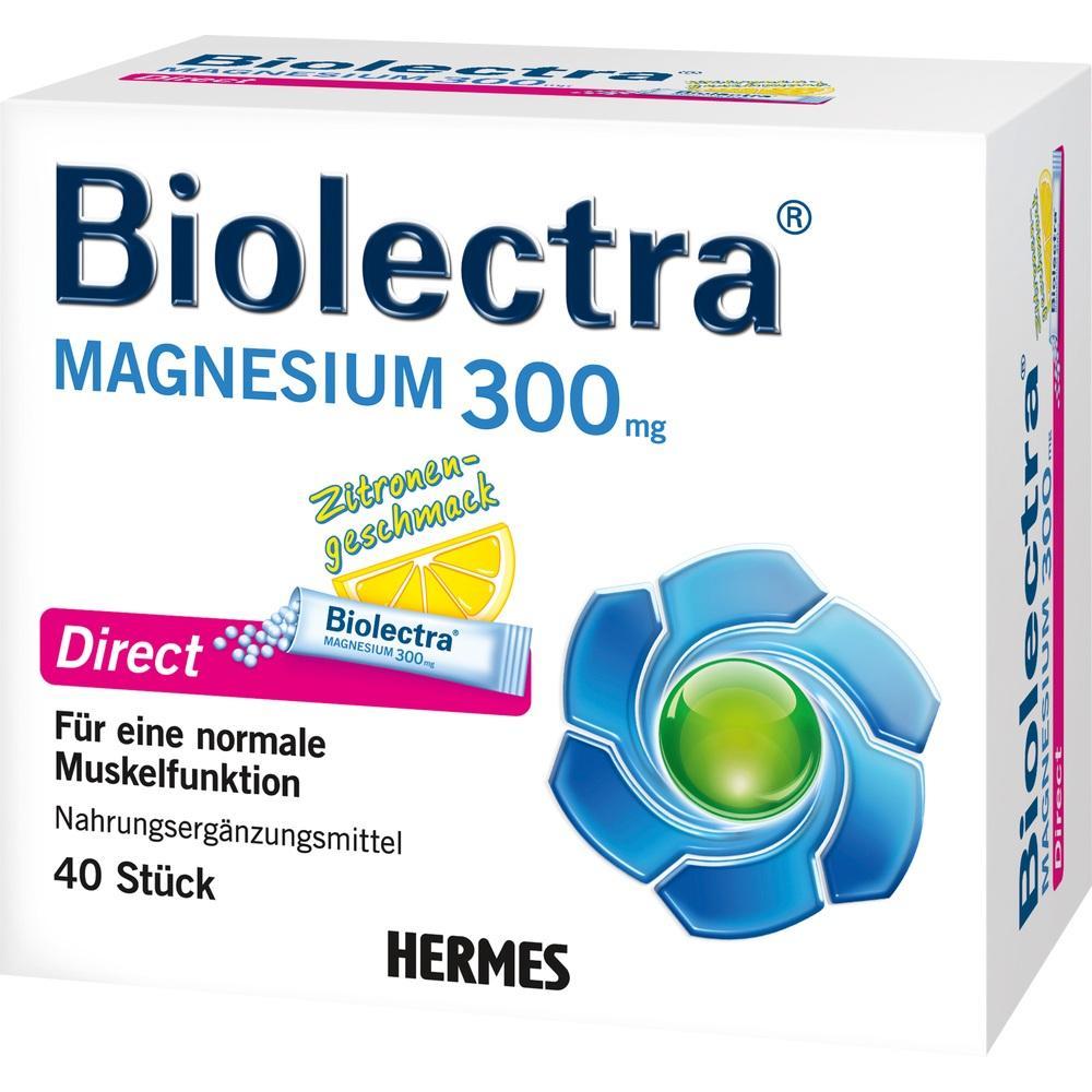 Verpackung von Biolectra Magnesium 300 mg mit Zitronengeschmack f&uuml;r normale Muskelfunktion.