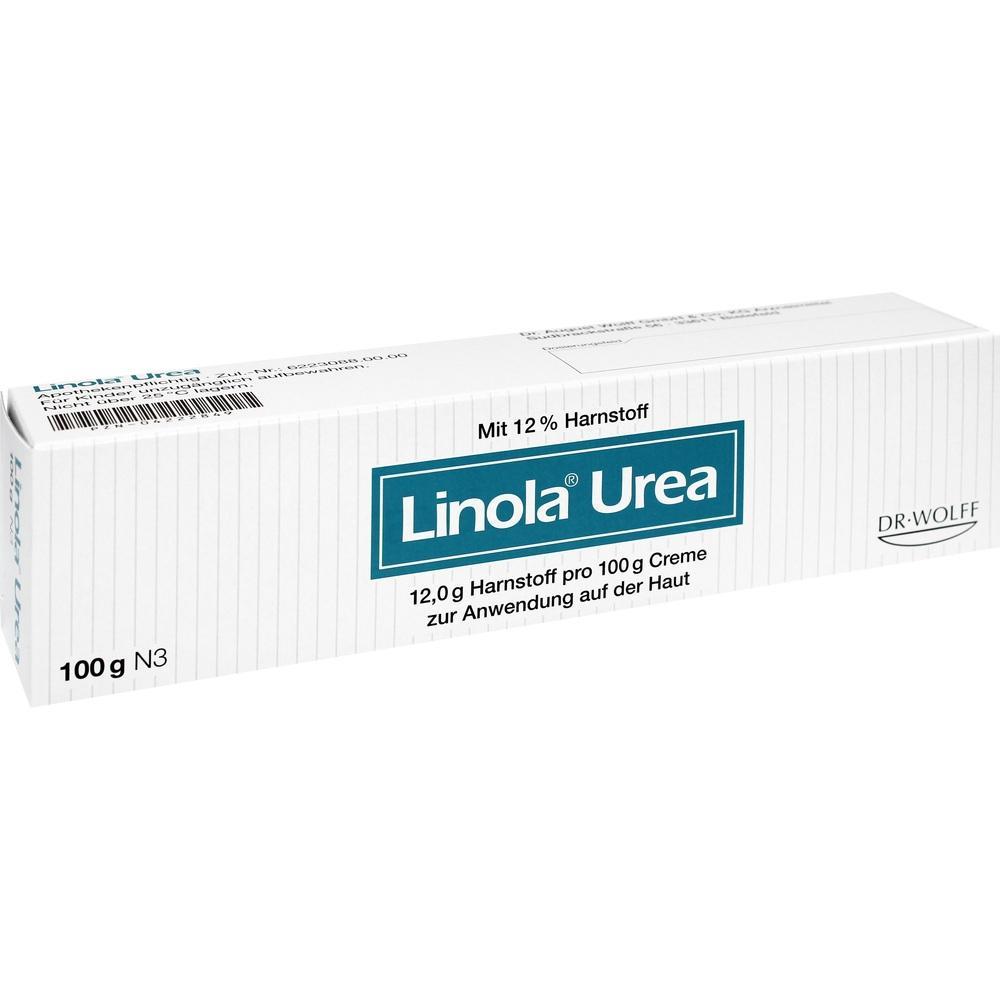 Eine wei&szlig;e Creme-Verpackung mit der Aufschrift "Linola Urea".