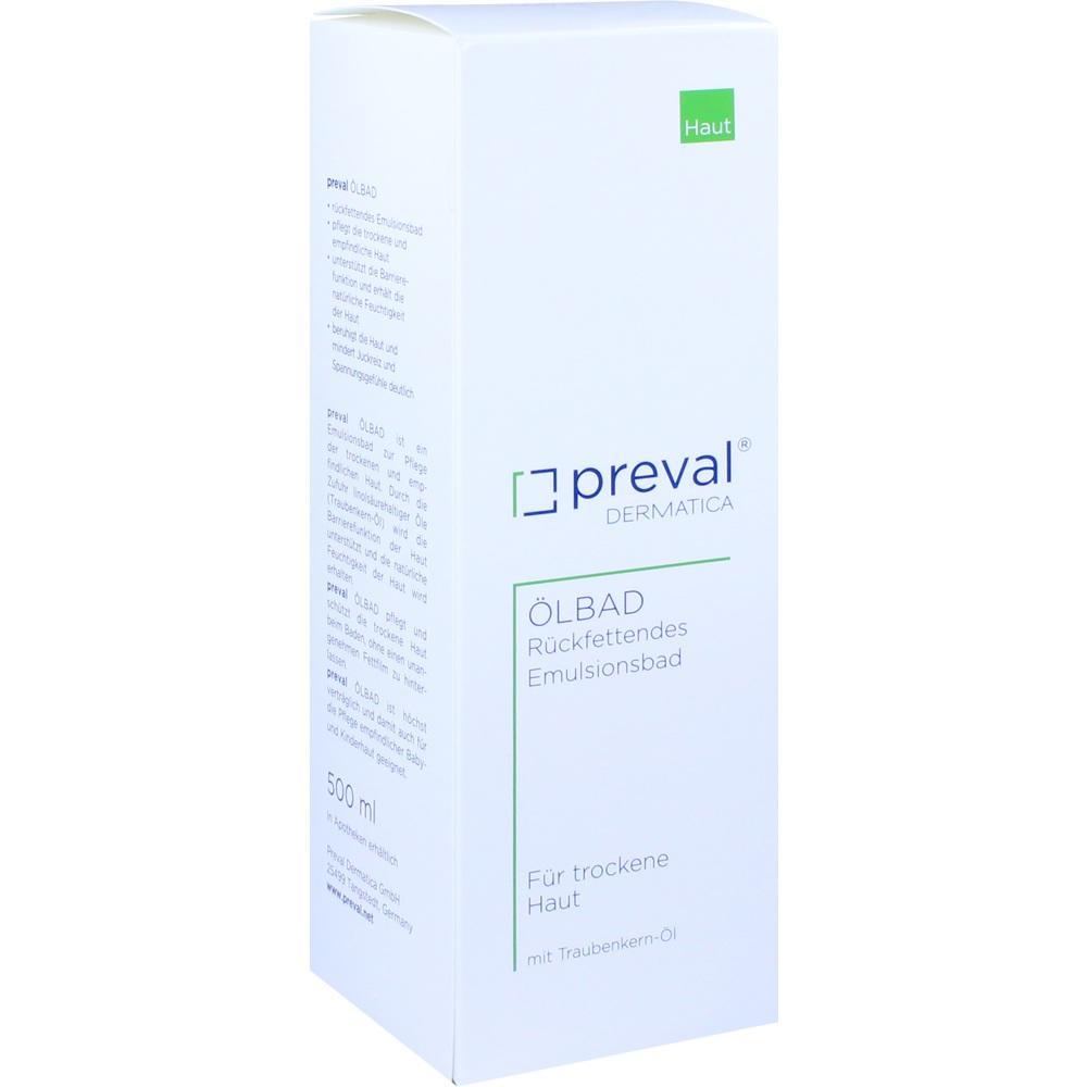 Wei&szlig;e Verpackung von Preval Dermatica &Ouml;lbad f&uuml;r trockene Haut.