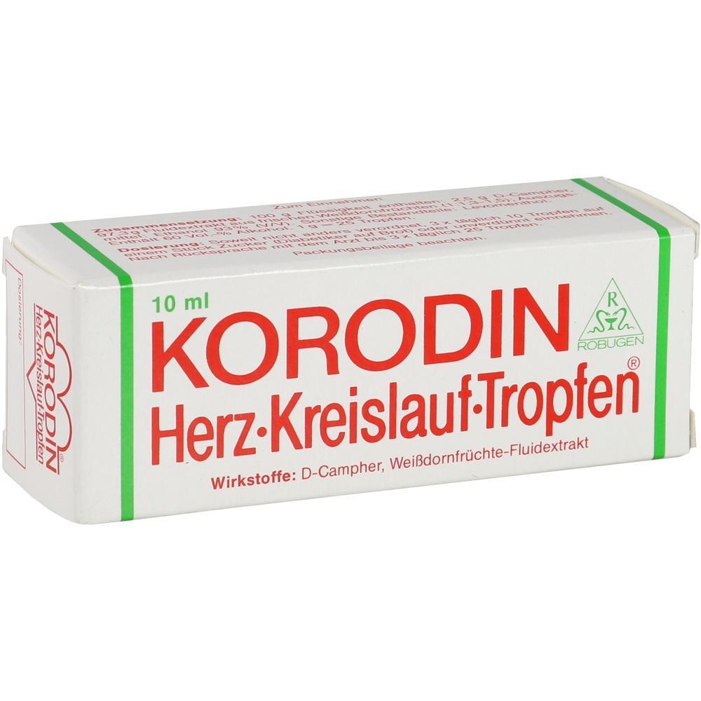 Ein wei&szlig;er Karton mit dem Aufdruck "KORODIN Herz-Kreislauf-Tropfen".