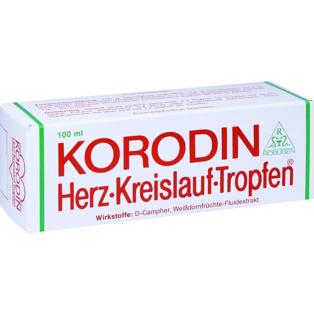 Wei&szlig;e Verpackung von Korodin Herz-Kreislauf-Tropfen mit roter Aufschrift.