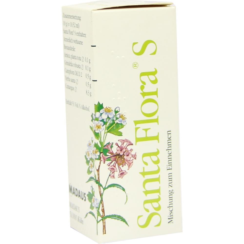 Eine cremefarbene Verpackung mit Bl&uuml;tenbildern und der Aufschrift "Santa Flora S".