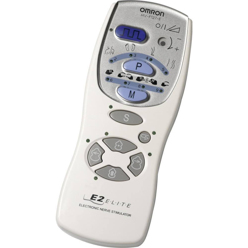 Eine wei&szlig;e Fernbedienung mit Tasten und Symbolen zur Nervenstimulation.