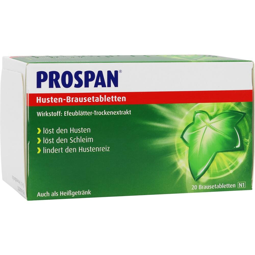 Eine Packung Prospan Husten-Brausetabletten mit Efeublattmotiv.