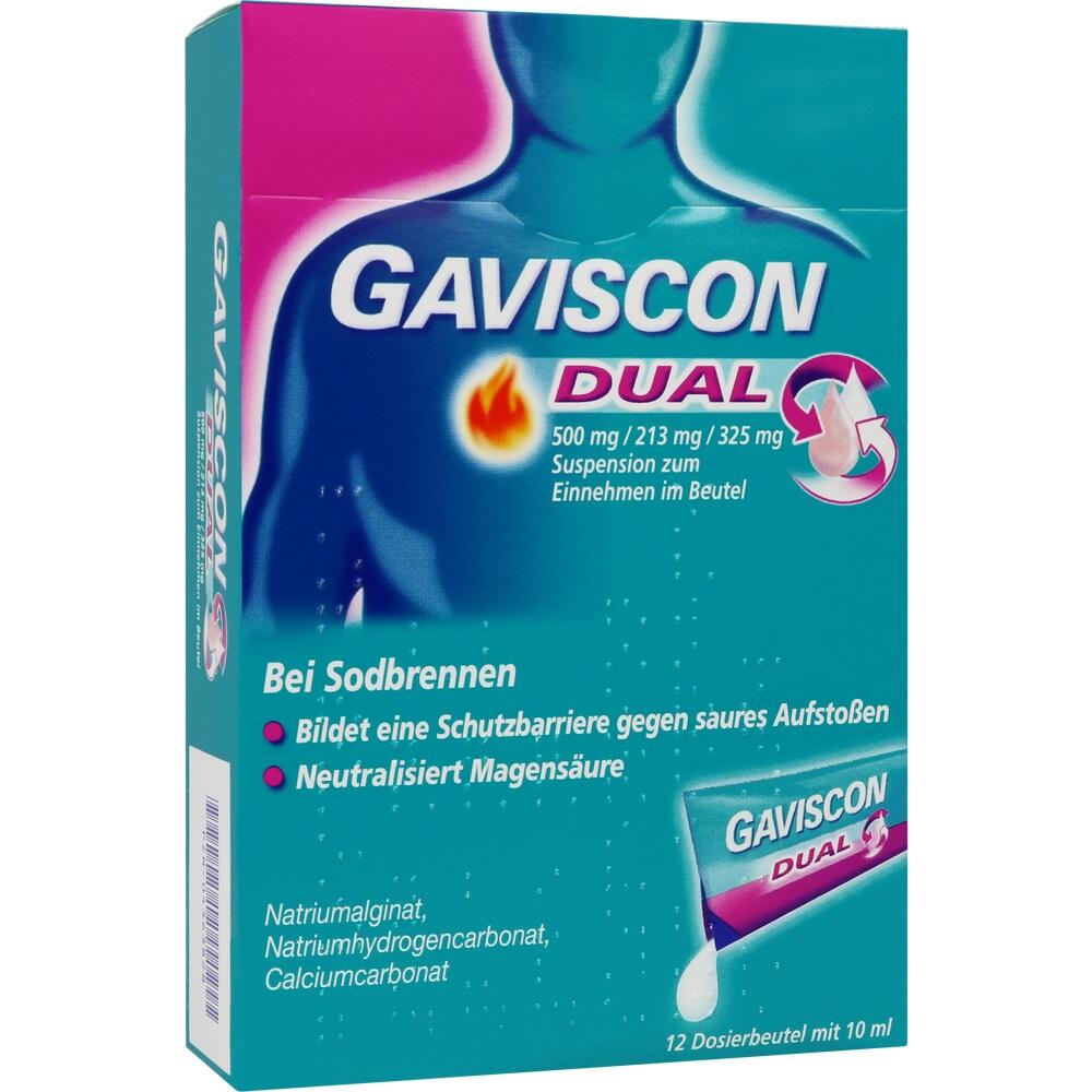 Die Verpackung zeigt Gaviscon Dual, ein Mittel gegen Sodbrennen.