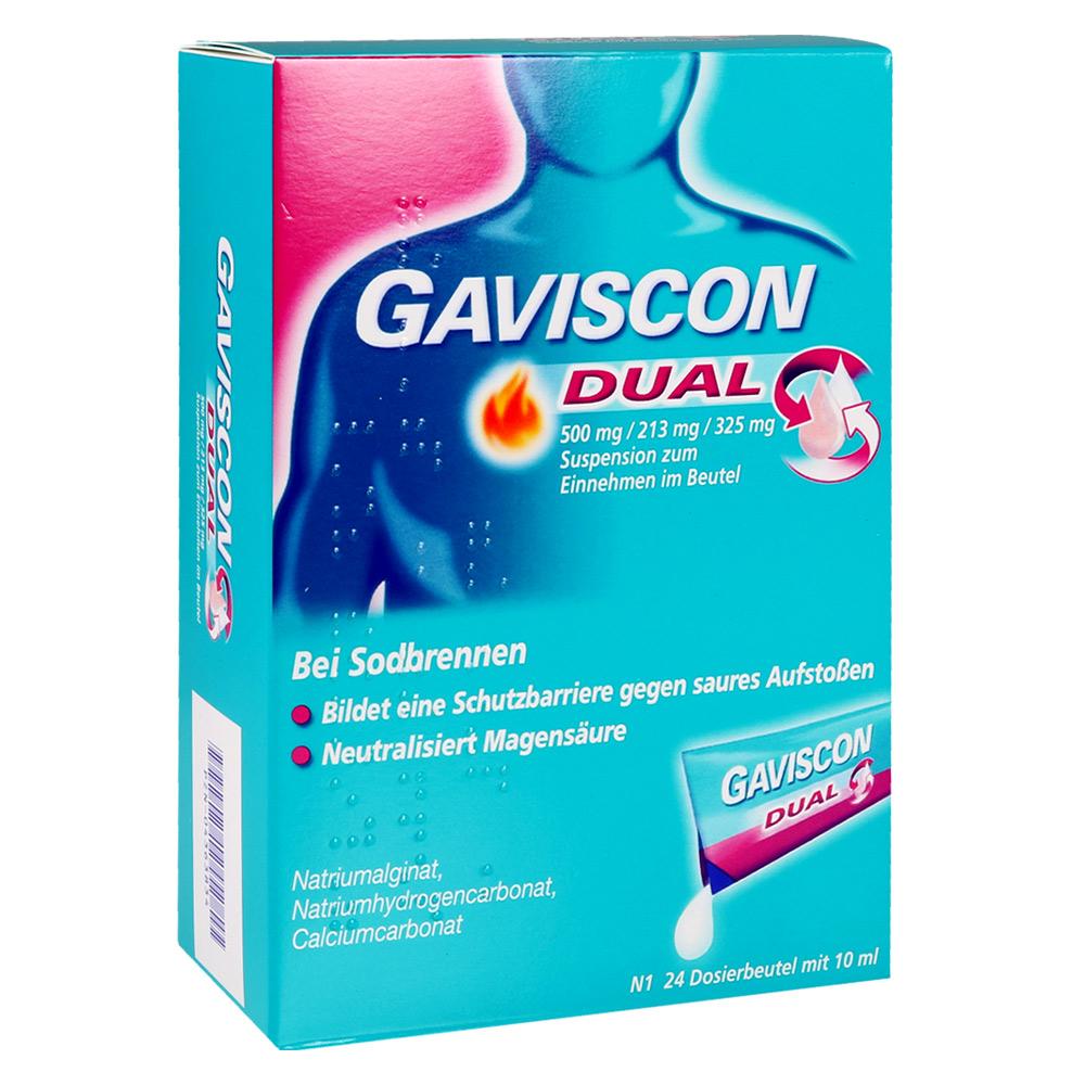 Verpackung von Gaviscon Dual gegen Sodbrennen mit 24 Beuteln.