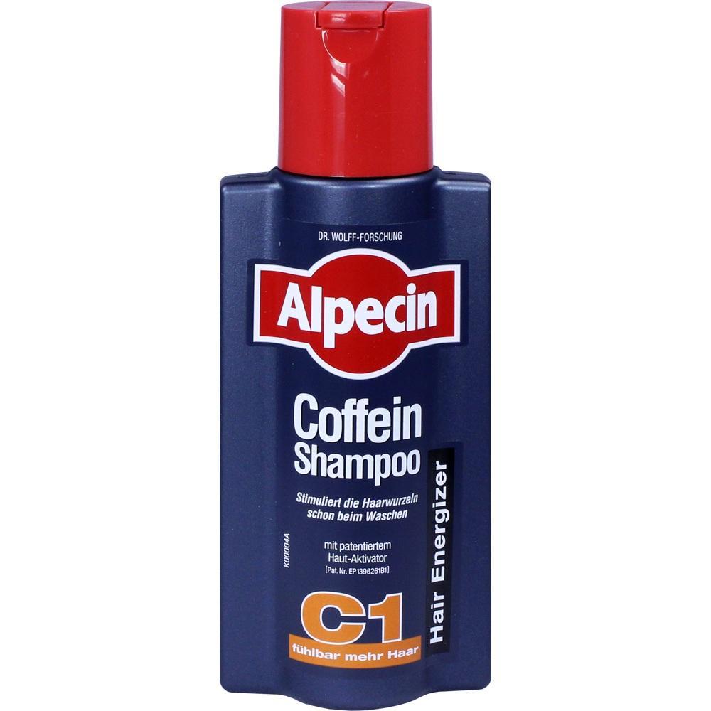 Eine Flasche Alpecin Coffein Shampoo mit rotem Deckel.
