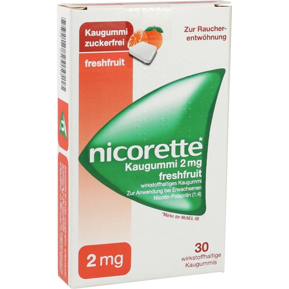 Weiße Packung Nicorette-Kaugummi gegen Rauchen mit Fruchtgeschmack.