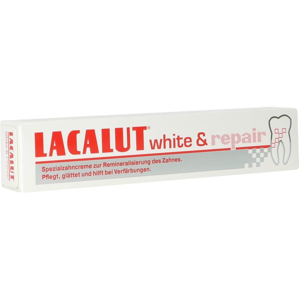 Schachtel mit Zahnpasta namens "Lacalut white & repair".