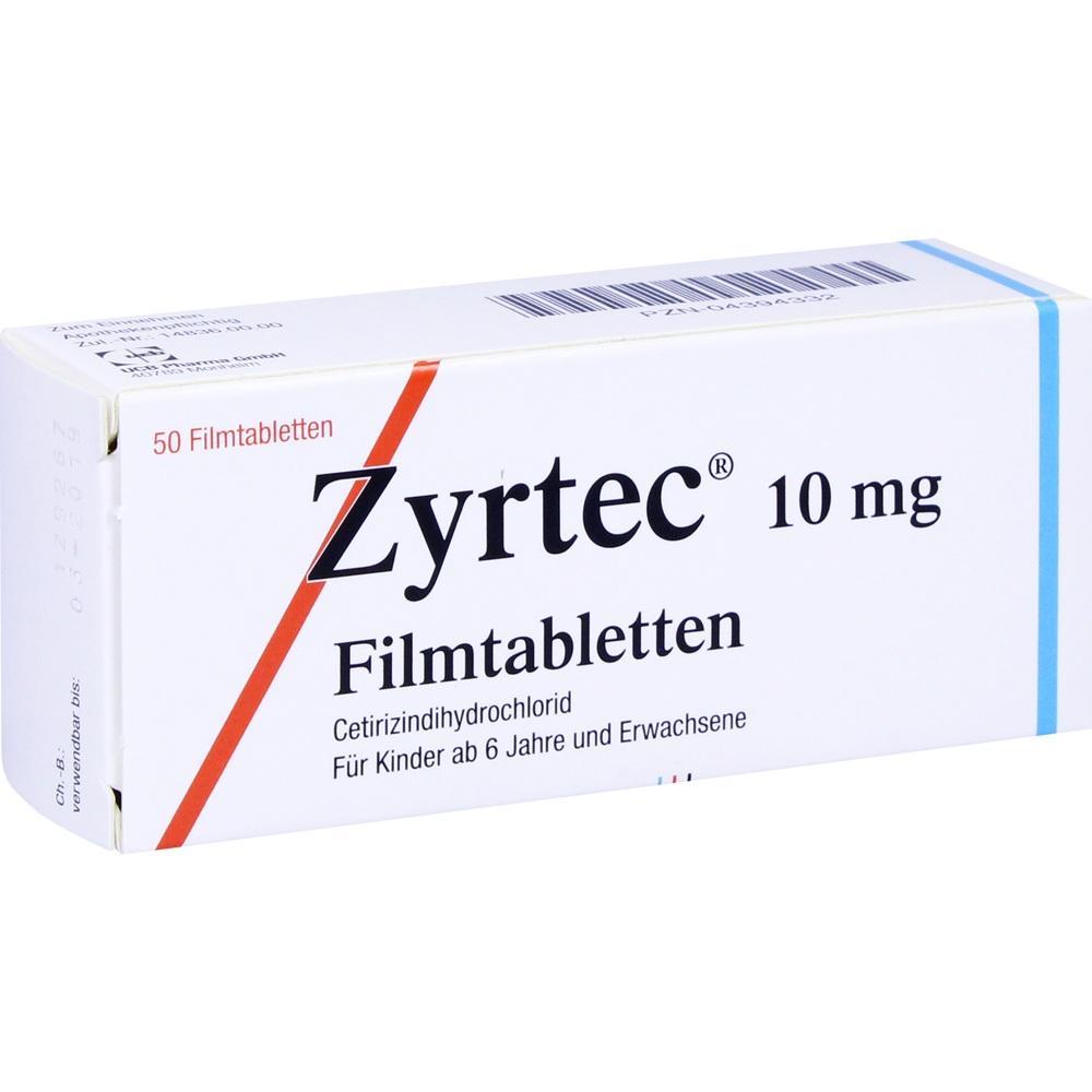 Wei&szlig;e Zyrtec-Packung mit 50 Filmtabletten f&uuml;r Allergien.
