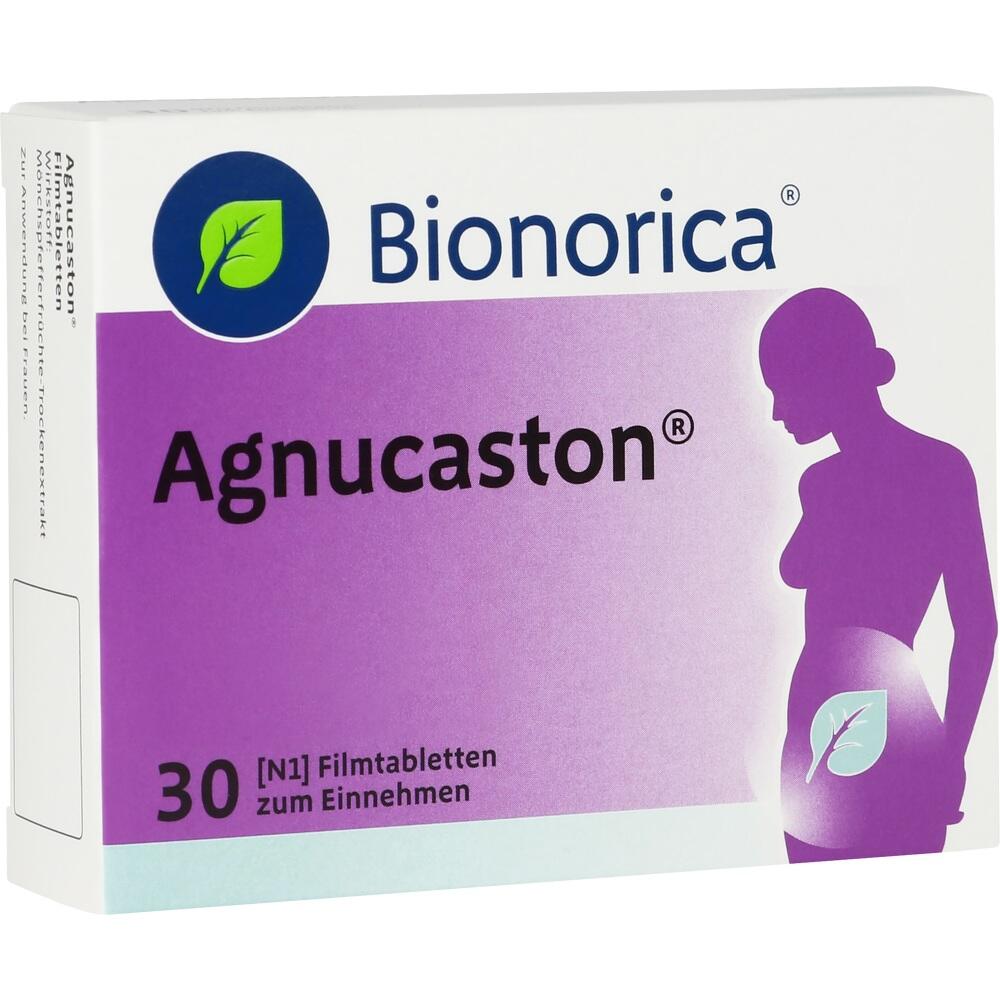 Packung mit Agnucaston-Tabletten, zeigt Frauensilhouette und Kr&auml;utersymbol.