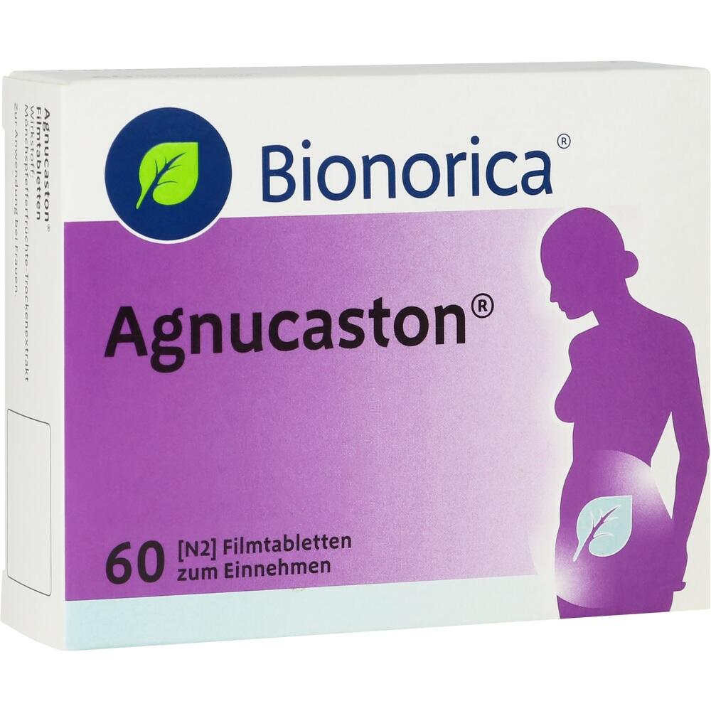 Packung von Agnucaston Tabletten mit lila Hintergrund und Frauensilhouette.