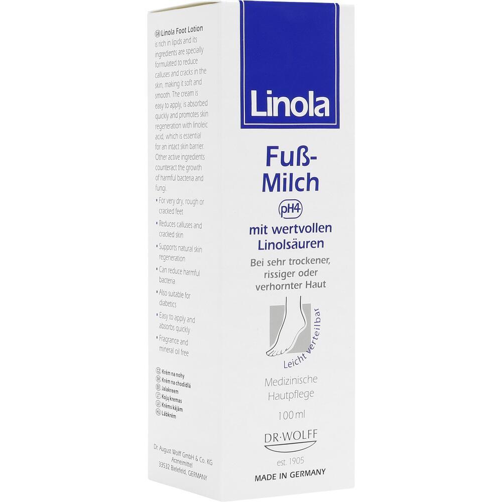 Verpackung der Linola Fu&szlig;-Milch f&uuml;r trockene, rissige Haut.