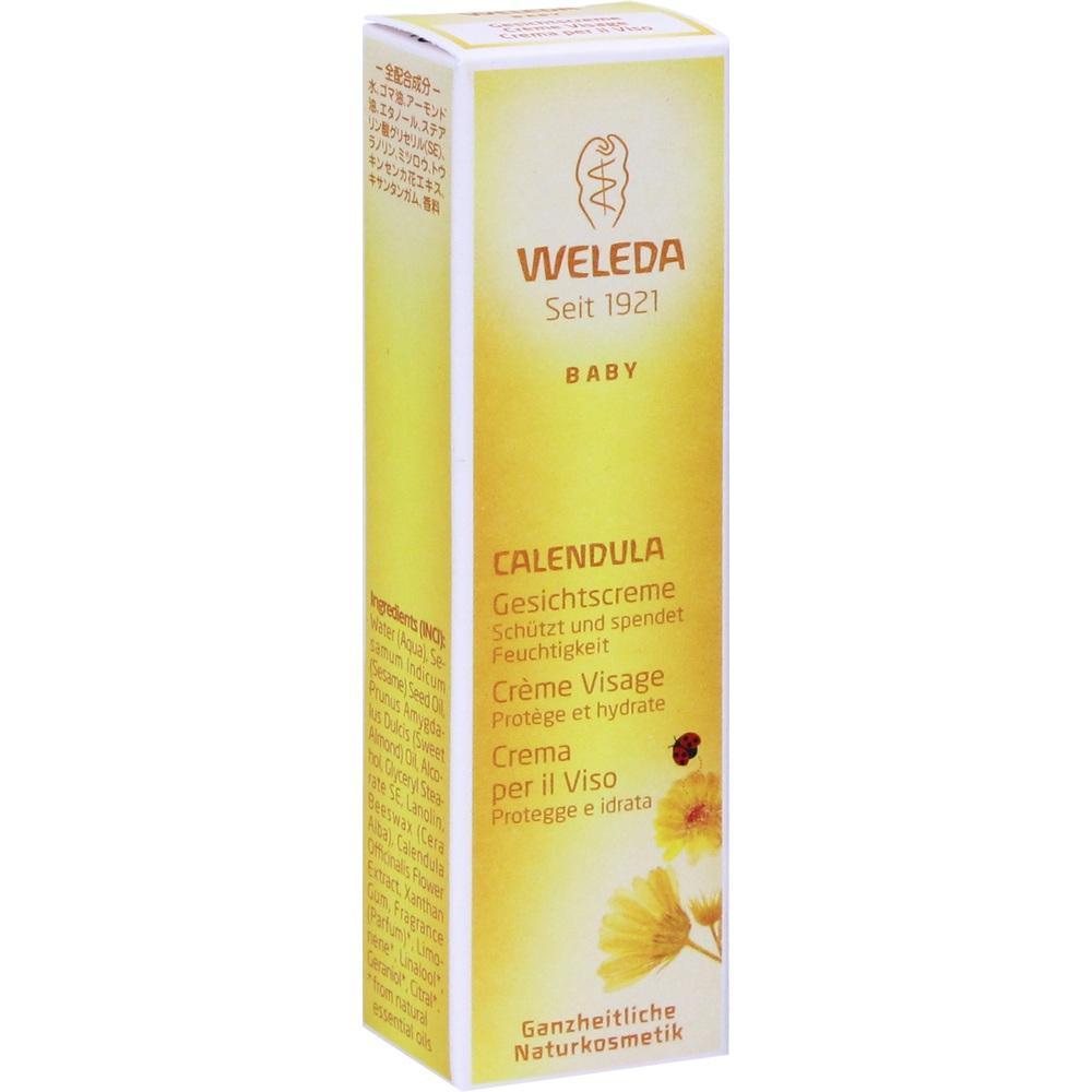 Gelbe Verpackung einer Baby-Gesichtscreme mit Calendula von Weleda.