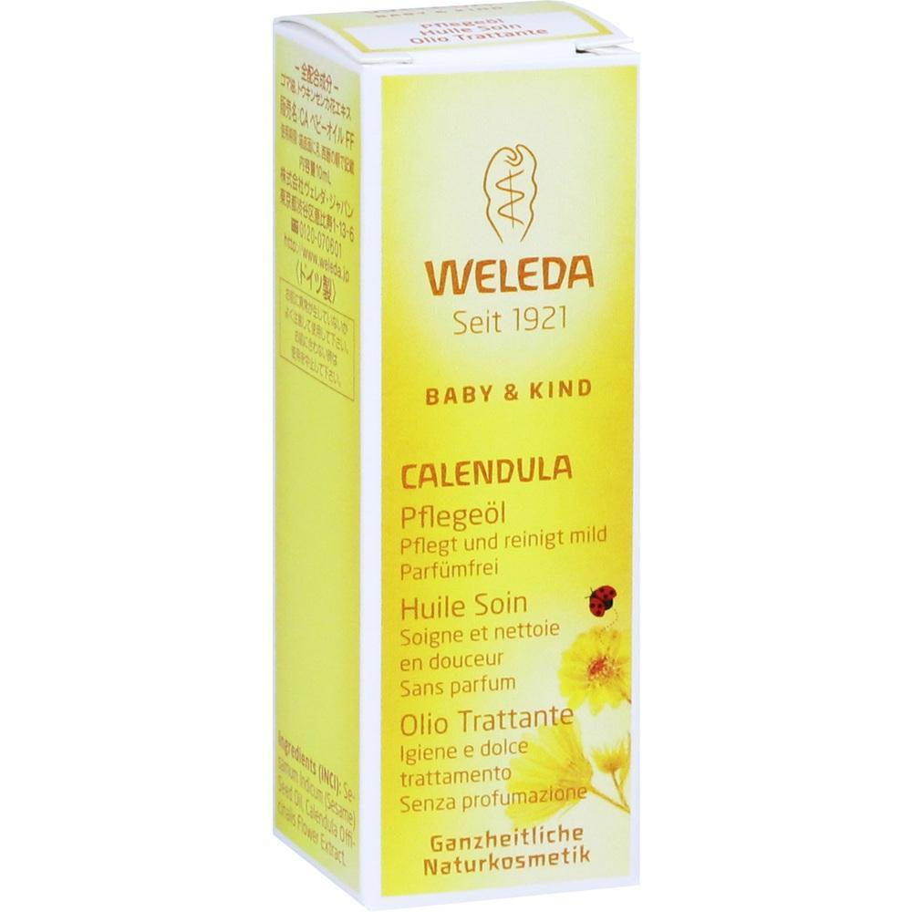 Gelbe Verpackung von Weleda Calendula Pflege&ouml;l f&uuml;r Babys und Kinder.
