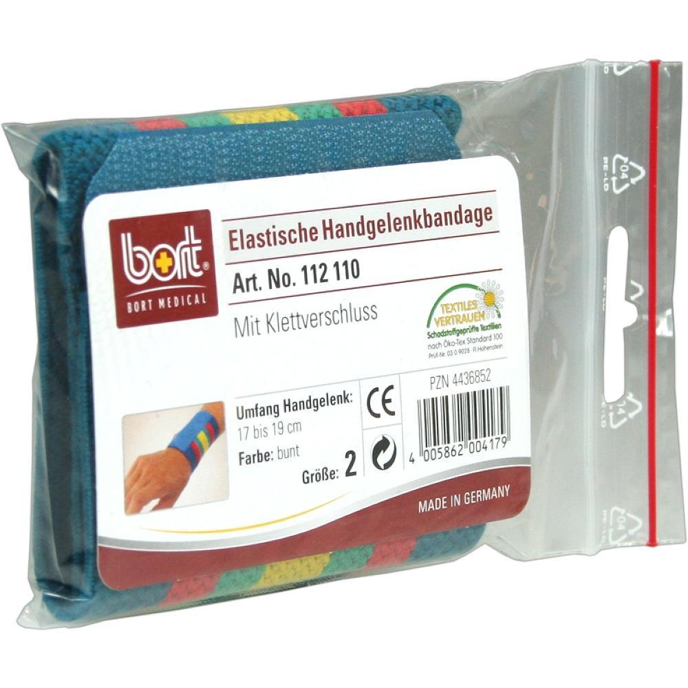 Bunte elastische Handgelenkbandage in einer Plastikt&uuml;te mit Klettverschluss.