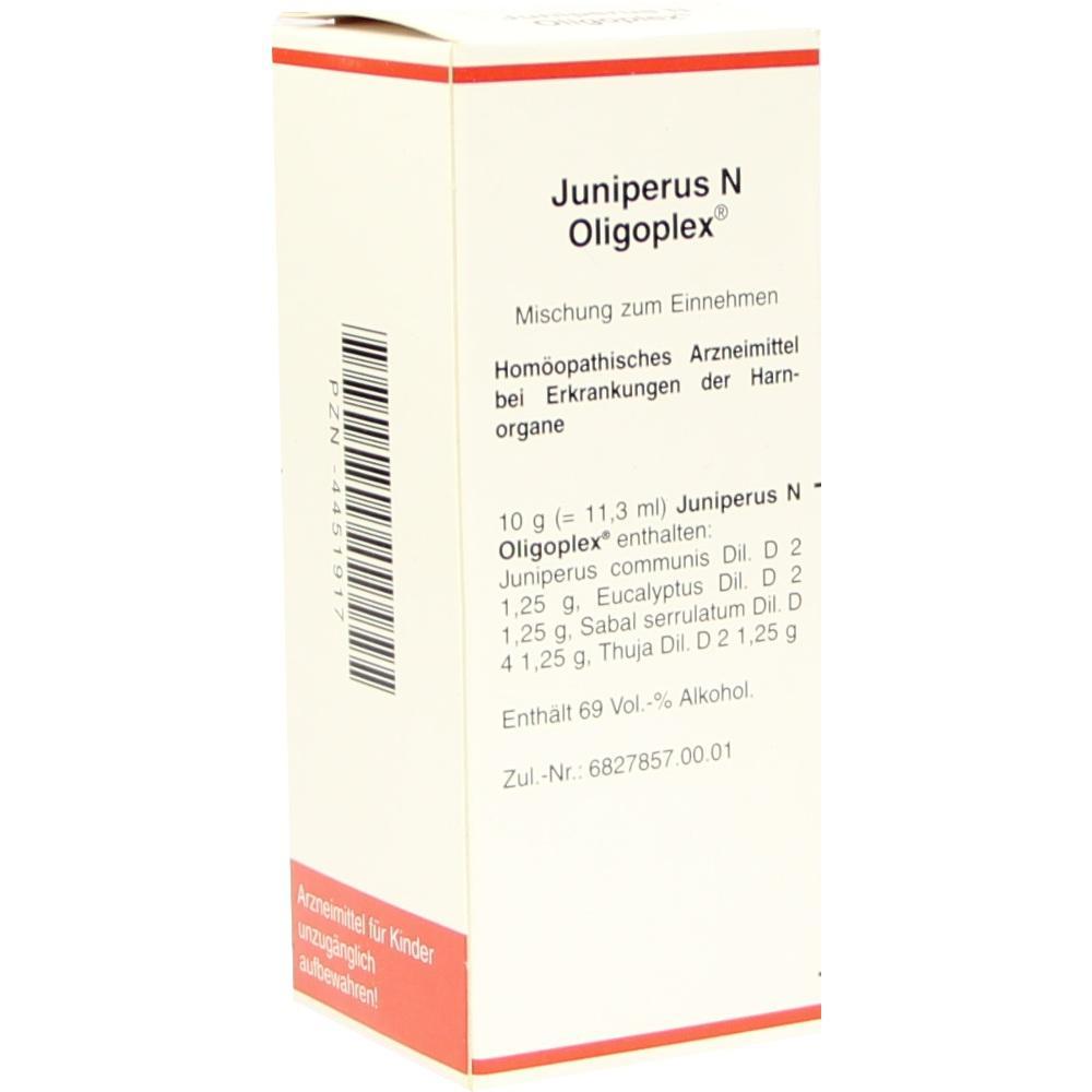Wei&szlig;e Verpackung von hom&ouml;opathischem Medikament namens Juniperus N Oligoplex.