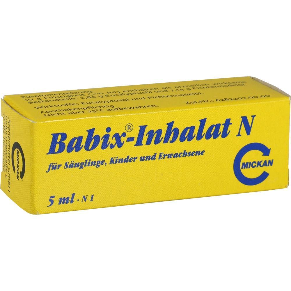 Gelbe Verpackung von Babix-Inhalat N für Babys, Kinder und Erwachsene.
