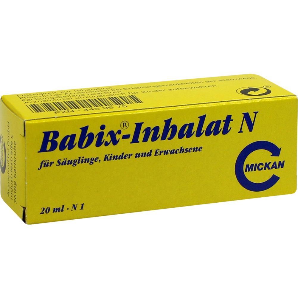 Gelbe Verpackung von Babix-Inhalat N für Babys, Kinder und Erwachsene.