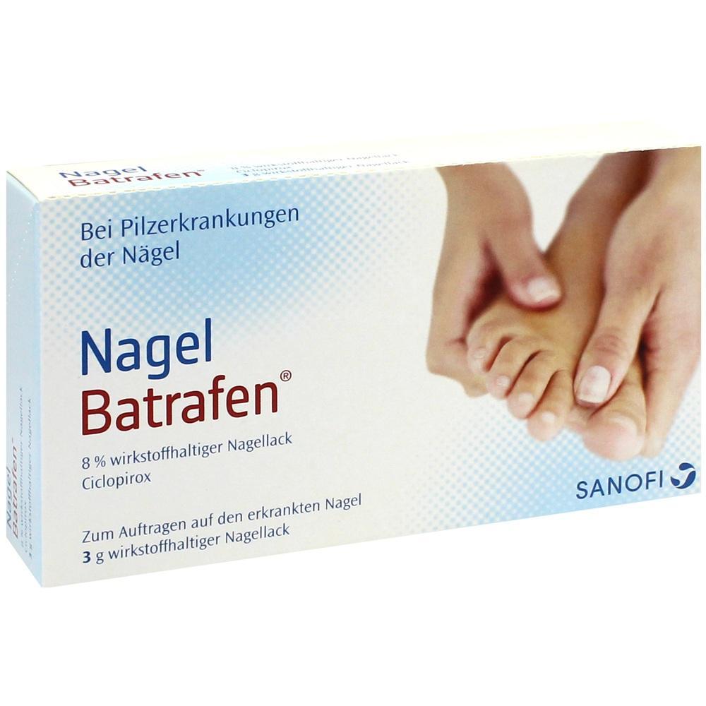 Eine Packung Nagellack gegen Nagel-Pilz mit einem Foto von H&auml;nden und F&uuml;&szlig;en.