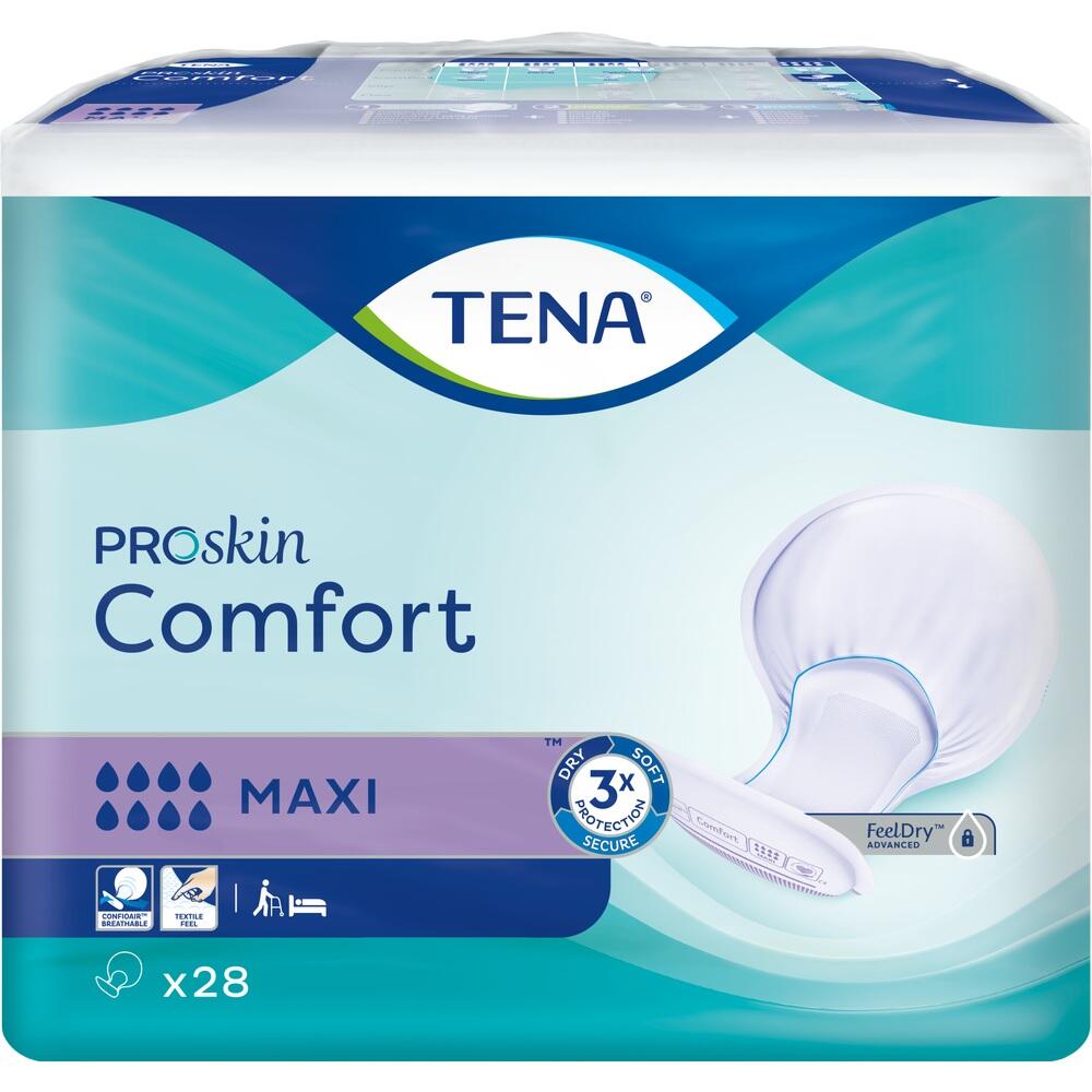 Verpackung von TENA Proskin Comfort Maxi Inkontinenzprodukten in Blau und Lila.