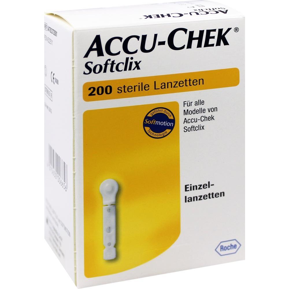 Wei&szlig;e Schachtel mit der Aufschrift &bdquo;Accu-Chek Softclix 200 sterile Lanzetten&ldquo;.