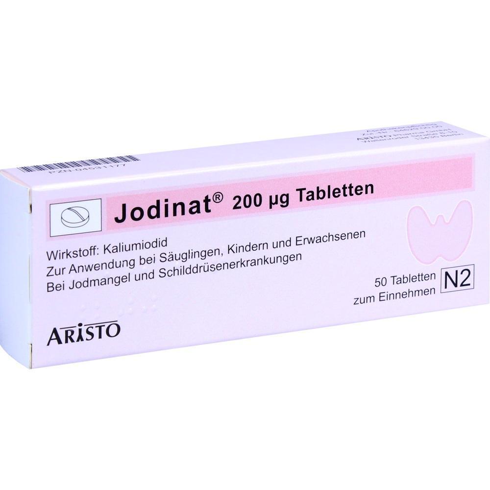 Eine Medikamentenpackung mit 200 &micro;g Jodtabletten.