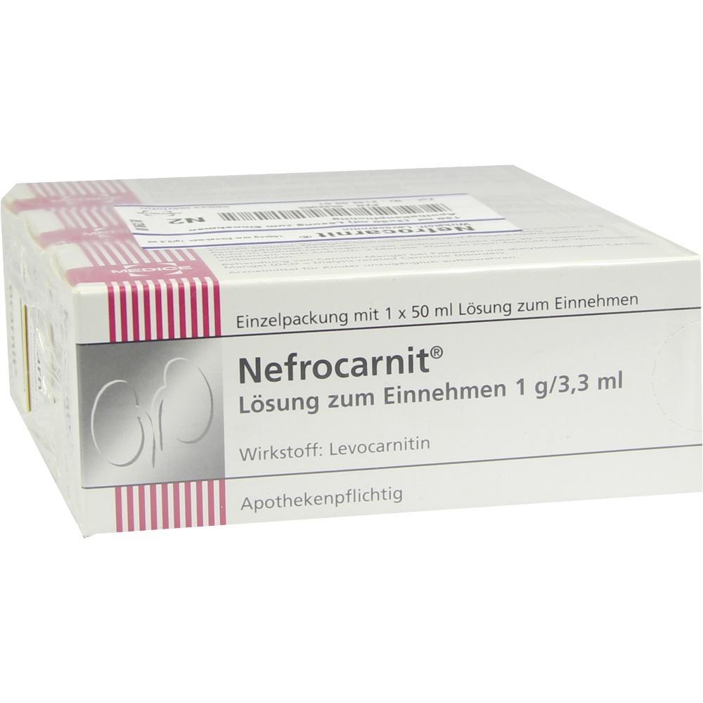 Verpackung von Nefrocarnit, einer L&ouml;sung zum Einnehmen mit dem Wirkstoff Levocarnitin.