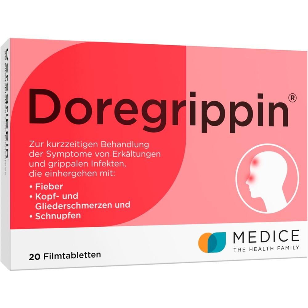 Die Verpackung zeigt ein Produkt zur Linderung von Erk&auml;ltungssymptomen wie Fieber und Kopfschmerzen.