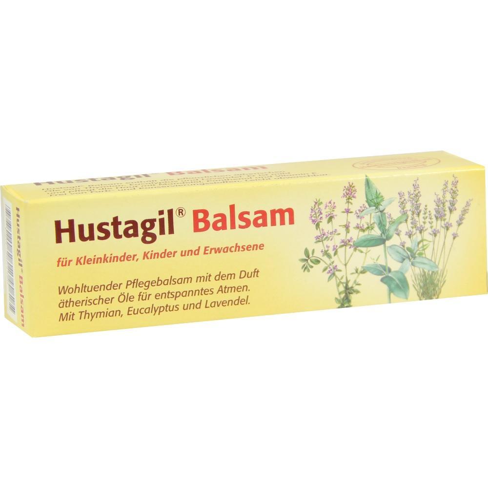 Gelbe Verpackung von Hustagil Balsam mit Pflanzenbildern.