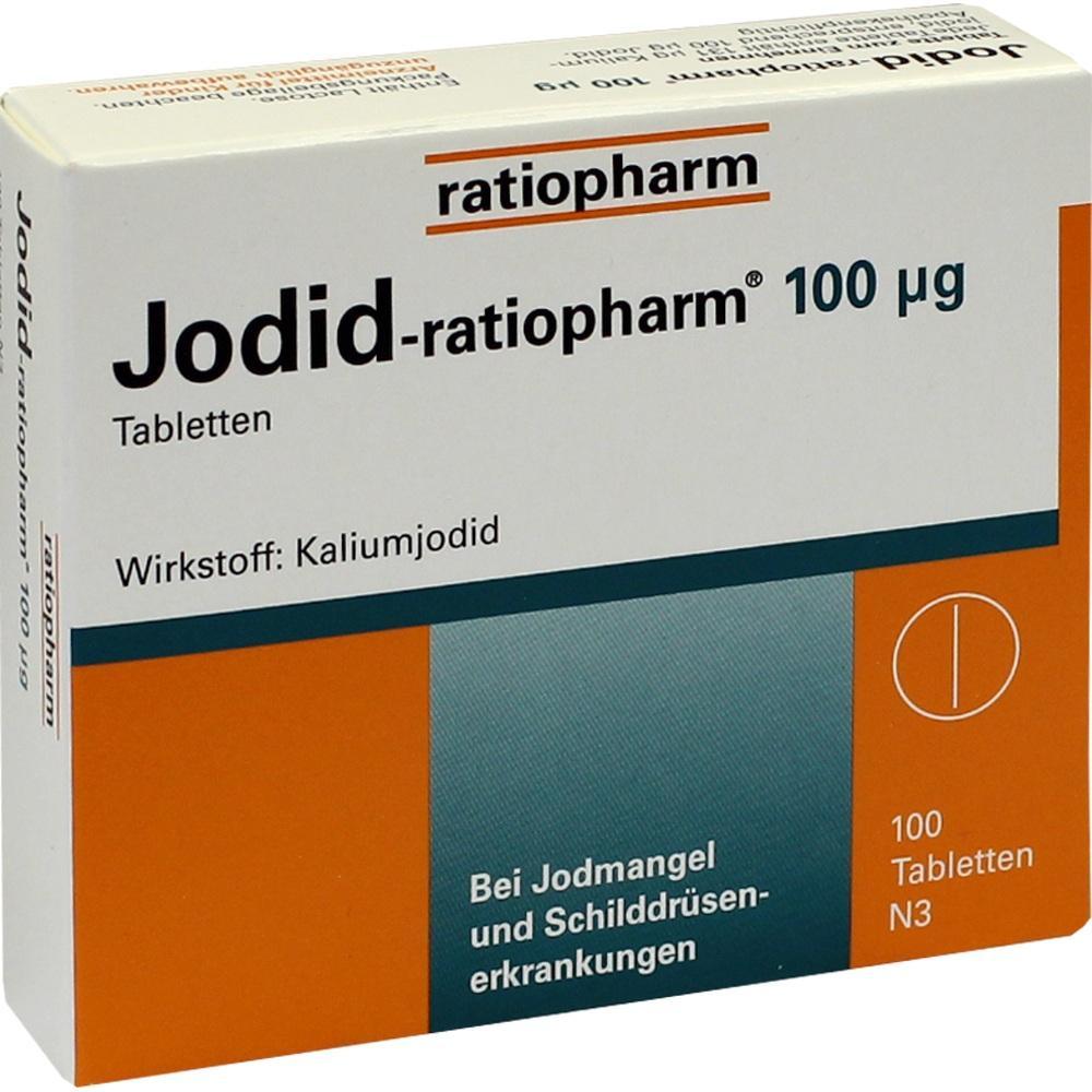 Eine Schachtel Jodid-Tabletten von Ratiopharm mit 100 Mikrogramm Kaliumjodid.
