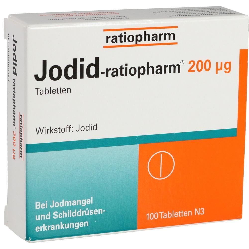 Verpackung von Jodid-Tabletten zur Unterstützung bei Jodmangel und Schilddrüsenerkrankungen.