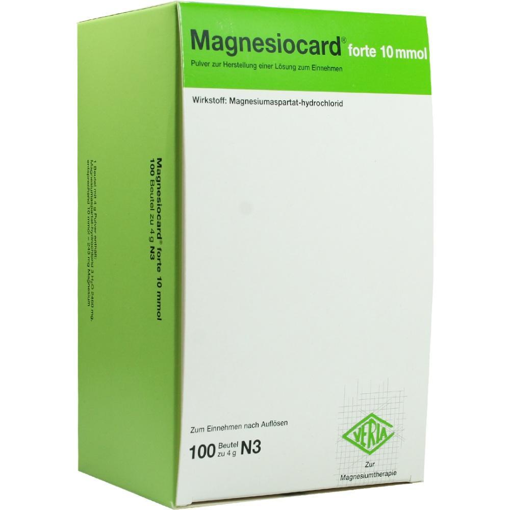 Wei&szlig;e Packung mit gr&uuml;ner Schrift von Magnesiocard, 100 Beutel zur Magnesiumtherapie.