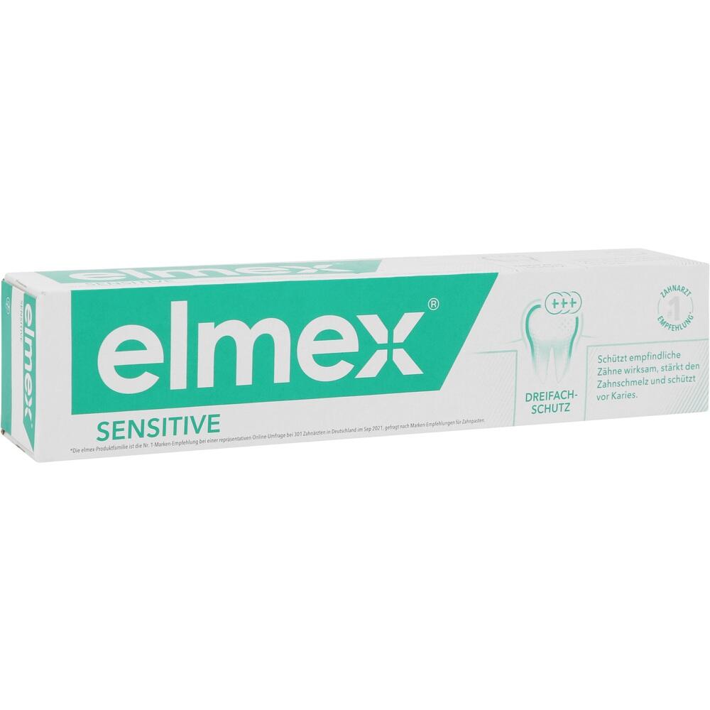 Wei&szlig;e und gr&uuml;ne Zahnpasta-Box mit der Aufschrift "elmex Sensitive".