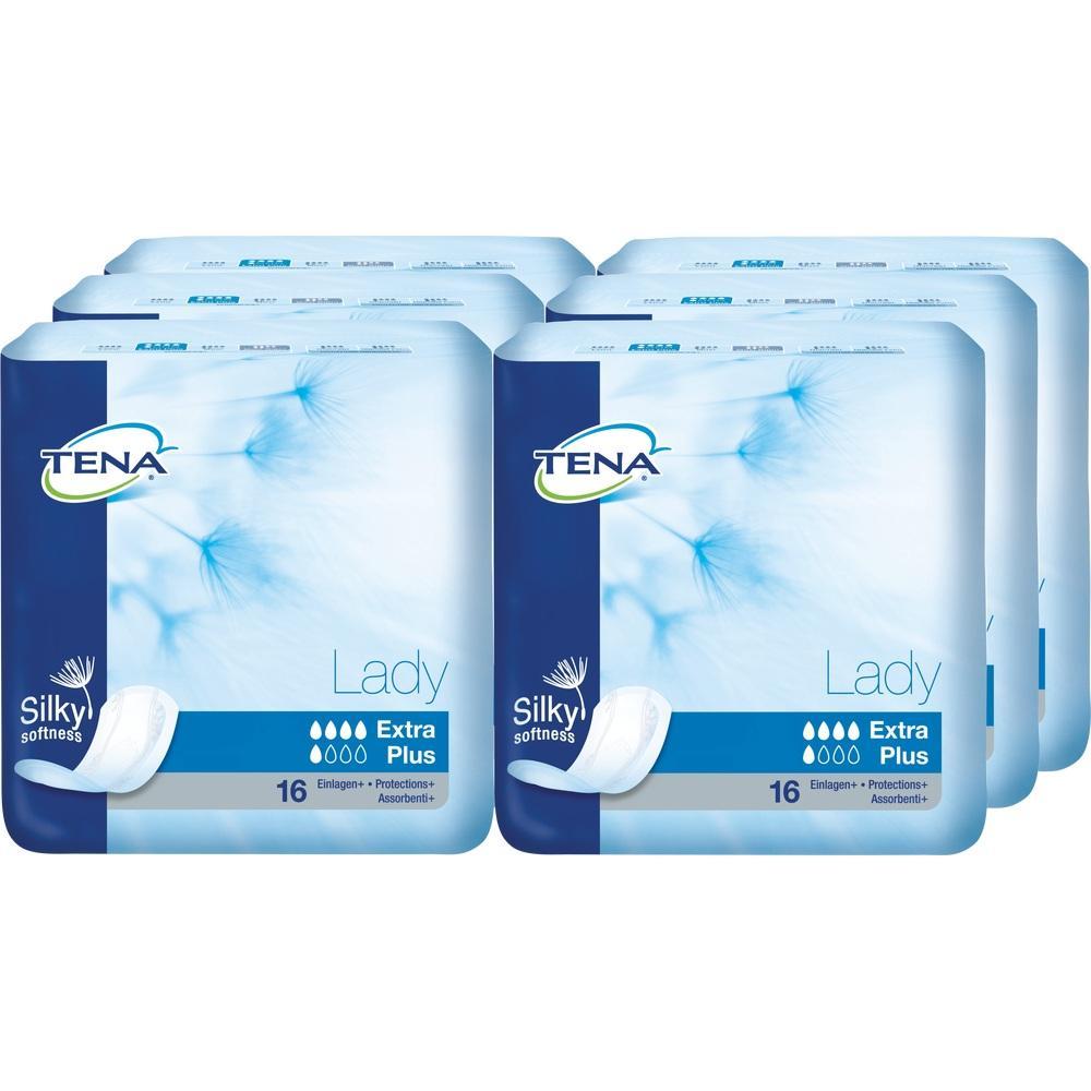 Mehrere Packungen Damenbinden von TENA in blau-wei&szlig;er Verpackung.