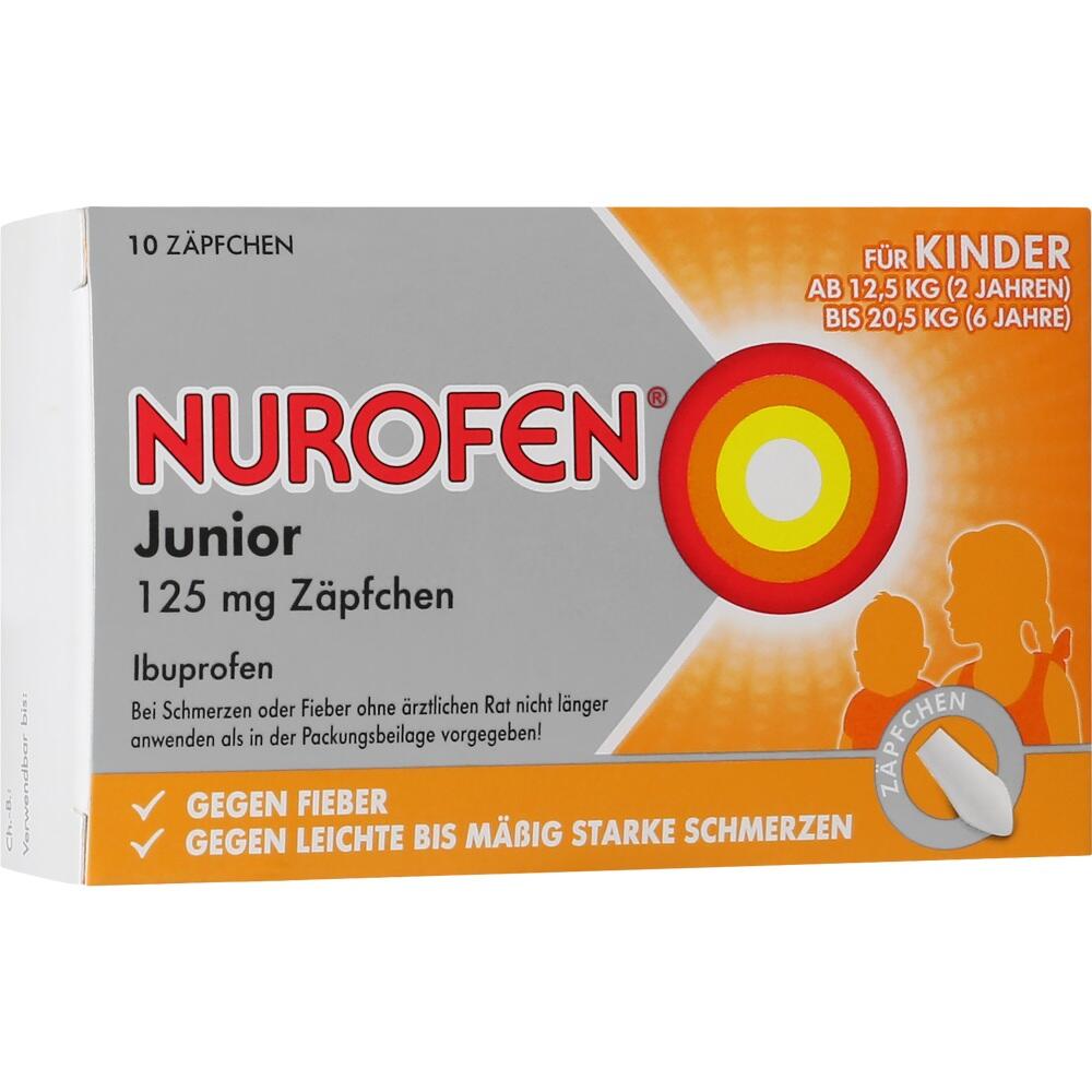 Verpackung von Nurofen Junior 125 mg Z&auml;pfchen f&uuml;r Kinder gegen Fieber und Schmerzen.
